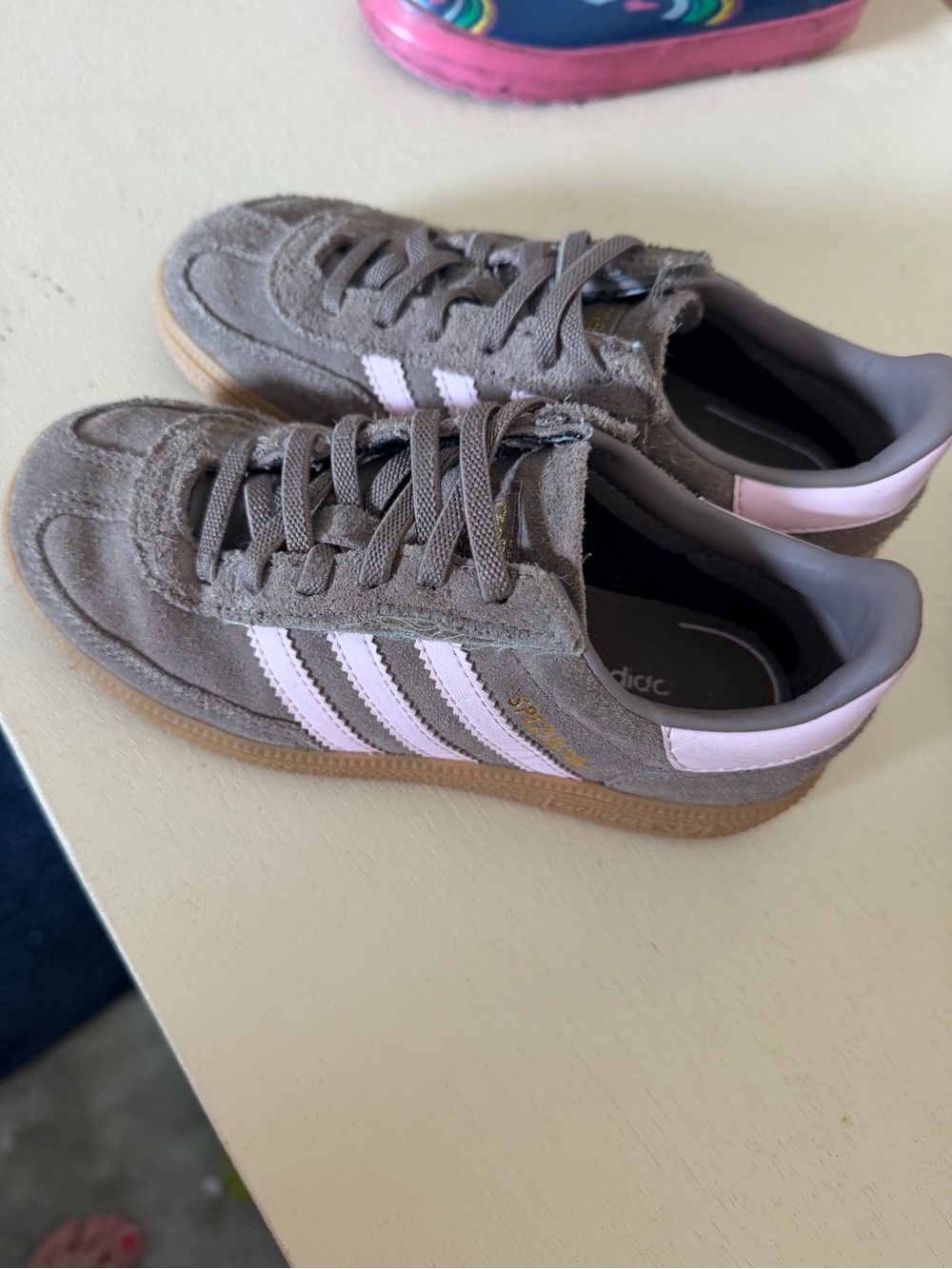 adidas Girl Suede Sneakers in Taupe with Light Pink Stripes